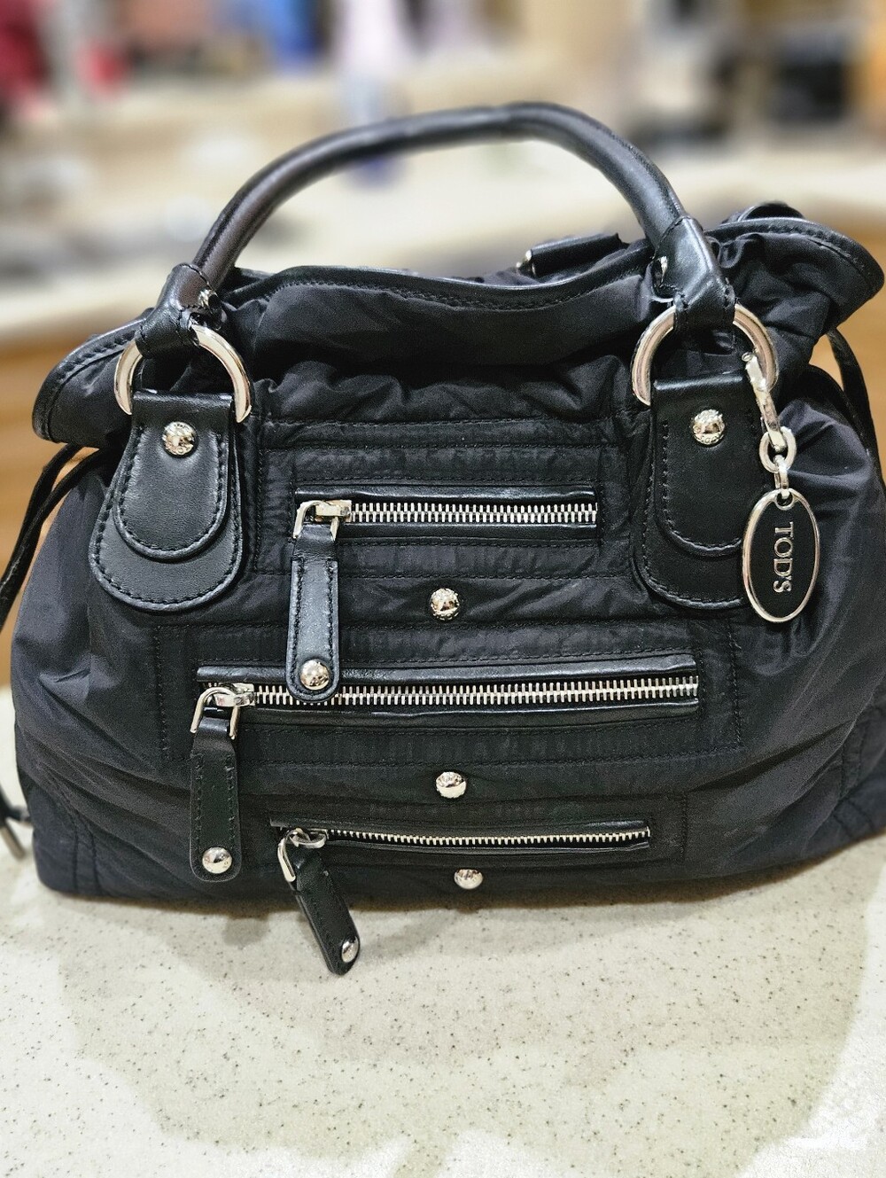 TODS Handbag, Black Nylon Tods Zipper Drawstring Handbag